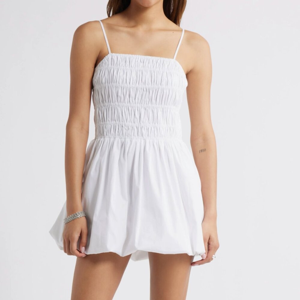 Open Edit Shirred White Cotton Mini Dress Smocked Bodice Summer Sun Dress M New